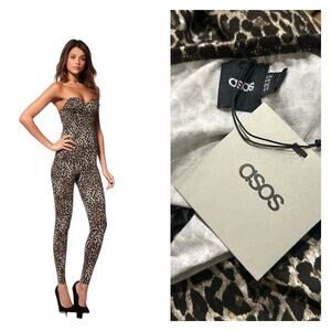 ASOS Leopard Print Strapless Jumpsuit NWT Bodycon Catsuit / Size US 8 -